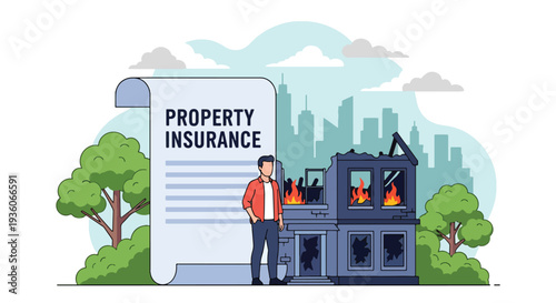 Modern vector illustration of house protected from flames by fire insurance coverage. Property damage protection and disaster risk management concept