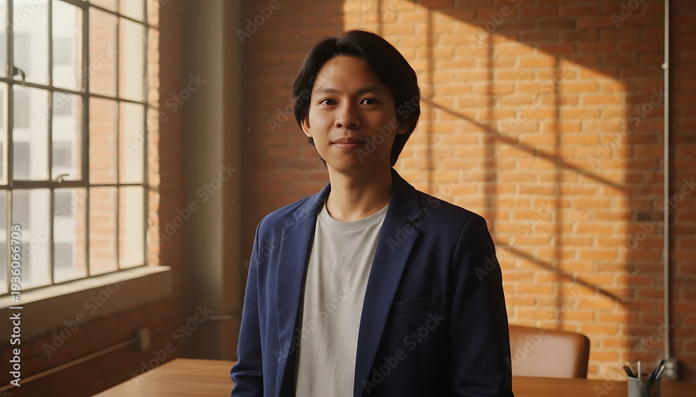 Fototapeta premium Young asian businessman standing confidently in a modern urban office with brick wall and bright sunlight