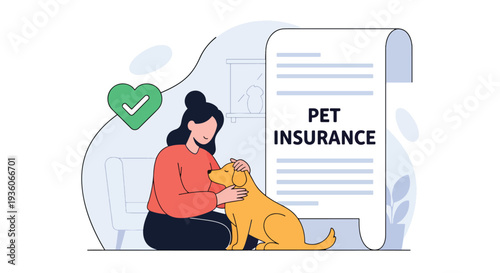 Modern vector illustration of happy dog protected by pet insurance coverage. Veterinary expense protection and animal healthcare concept
