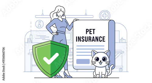 Modern vector illustration of happy dog protected by pet insurance coverage. Veterinary expense protection and animal healthcare concept