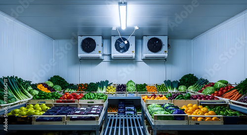 Vibrant assortment of fresh produce displayed in a refrigerated storage room, showcasing a colorful variety of vegetables and fruits arranged in wooden crates, illuminated by cool.