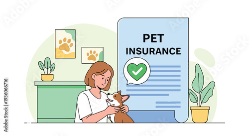 Modern vector illustration of happy dog protected by pet insurance coverage. Veterinary expense protection and animal healthcare concept