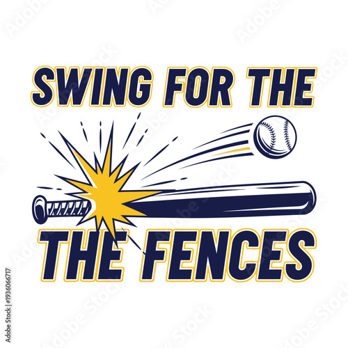 Schilderij op canvas Baseball player swinging bat with ball and fence background tshirt design