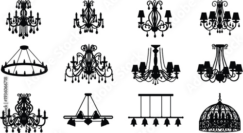 Elegant collection of chandelier silhouettes featuring ornate classical designs and modern minimalist styles, perfect for interior decor, catalog, and branding