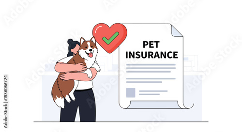 Modern vector illustration of happy dog protected by pet insurance coverage. Veterinary expense protection and animal healthcare concept
