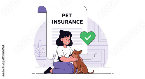 Modern vector illustration of happy dog protected by pet insurance coverage. Veterinary expense protection and animal healthcare concept