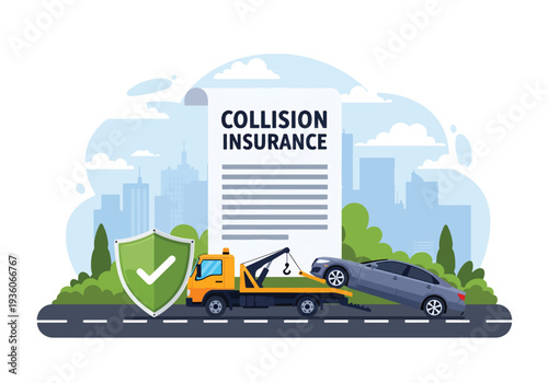 Modern vector illustration of car towing after road accident, represent collision insurance. Vehicle claim support and coverage assistance concept