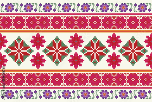 Folk Floral Pixel Seamless Border Pattern Ethnic Embroidery Geometric Background Traditional folk floral seamless pattern inspired by ethnic embroidery and woven textile art. 

