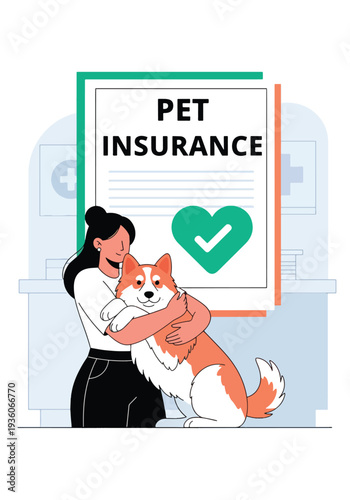 Modern vector illustration of happy dog protected by pet insurance coverage. Veterinary expense protection and animal healthcare concept