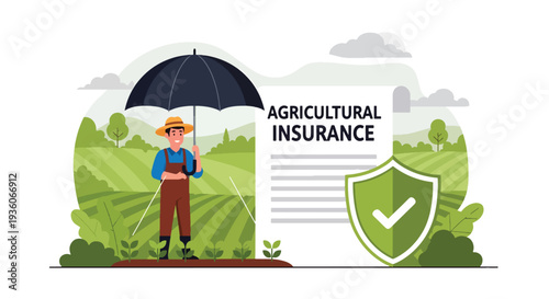 Modern vector illustration of farmer protecting crops under umbrella symbolizing agricultural insurance coverage. Farming risk management concept