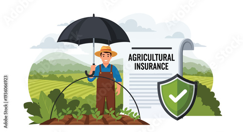 Modern vector illustration of farmer protecting crops under umbrella symbolizing agricultural insurance coverage. Farming risk management concept
