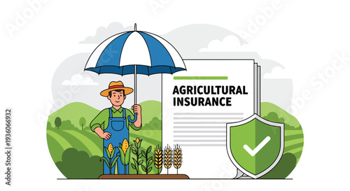 Modern vector illustration of farmer protecting crops under umbrella symbolizing agricultural insurance coverage. Farming risk management concept