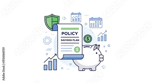 Modern vector illustration of piggy bank beside insurance policy document representing savings and protection plan. Long term financial security concept