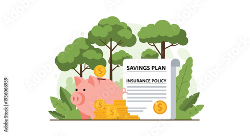 Modern vector illustration of piggy bank beside insurance policy document representing savings and protection plan. Long term financial security concept