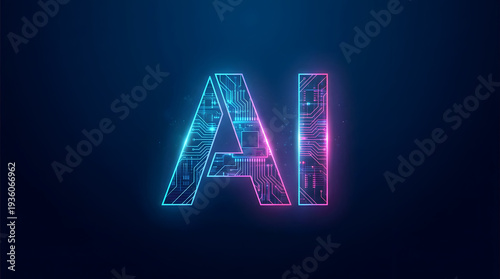 3D artificial intelligence lettering with neon glowing edges and digital texture.