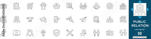 Public relation line icon set featuring media, press, communication, reputation, networking, announcement, and strategy. Professional editable vector illustration.

