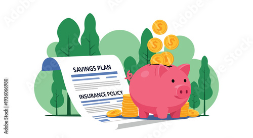 Modern vector illustration of piggy bank beside insurance policy document representing savings and protection plan. Long term financial security concept