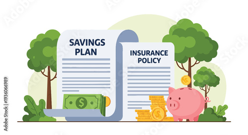 Modern vector illustration of piggy bank beside insurance policy document representing savings and protection plan. Long term financial security concept