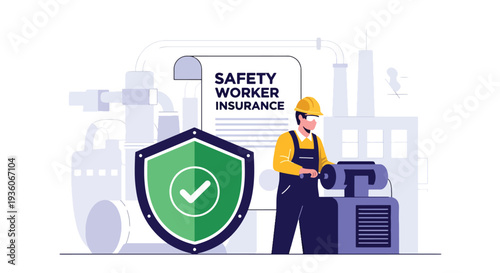 Modern vector illustration of worker protected by shield icon representing occupational insurance coverage. Workplace risk management concept