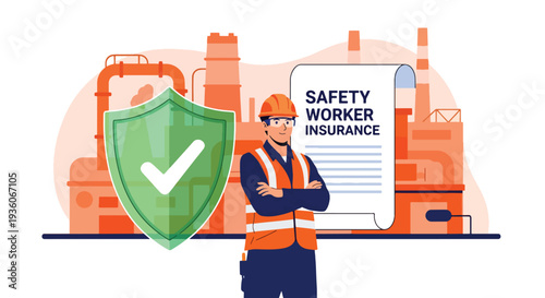 Modern vector illustration of worker protected by shield icon representing occupational insurance coverage. Workplace risk management concept