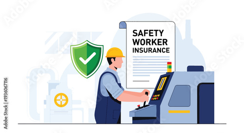 Modern vector illustration of worker protected by shield icon representing occupational insurance coverage. Workplace risk management concept