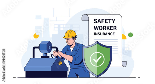 Modern vector illustration of worker protected by shield icon representing occupational insurance coverage. Workplace risk management concept
