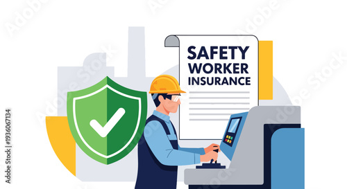 Modern vector illustration of worker protected by shield icon representing occupational insurance coverage. Workplace risk management concept