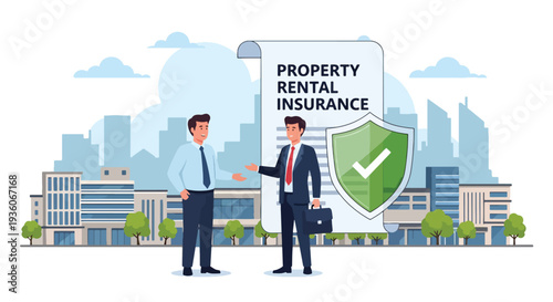 Modern vector illustration of landlord reviewing rental property insurance contract with tenant. Real estate risk protection concept