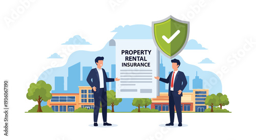 Modern vector illustration of landlord reviewing rental property insurance contract with tenant. Real estate risk protection concept