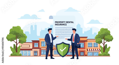 Modern vector illustration of landlord reviewing rental property insurance contract with tenant. Real estate risk protection concept
