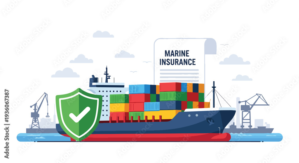 Obraz premium Modern vector illustration of cargo container protected by shield icon symbolizing marine insurance coverage. International shipping risk management concept