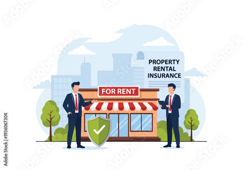 Modern vector illustration of landlord reviewing rental property insurance contract with tenant. Real estate risk protection concept
