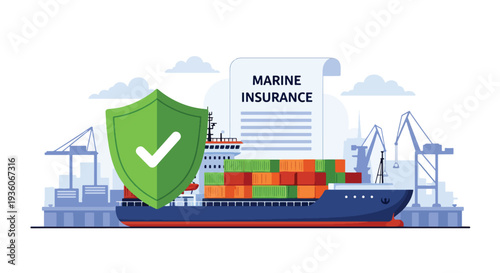 Modern vector illustration of cargo container protected by shield icon symbolizing marine insurance coverage. International shipping risk management concept