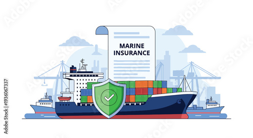 Modern vector illustration of cargo container protected by shield icon symbolizing marine insurance coverage. International shipping risk management concept
