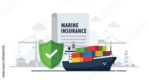 Modern vector illustration of cargo container protected by shield icon symbolizing marine insurance coverage. International shipping risk management concept
