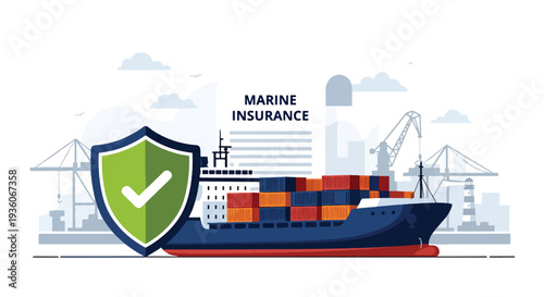 Modern vector illustration of cargo container protected by shield icon symbolizing marine insurance coverage. International shipping risk management concept