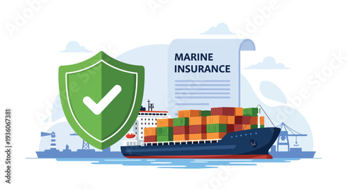 Modern vector illustration of cargo container protected by shield icon symbolizing marine insurance coverage. International shipping risk management concept