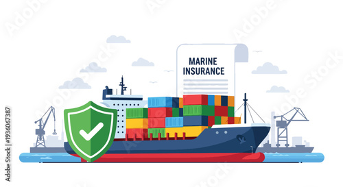 Modern vector illustration of cargo container protected by shield icon symbolizing marine insurance coverage. International shipping risk management concept