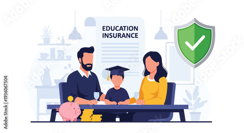 Modern vector illustration of family discussing child education insurance savings plan at home. Long term financial preparation concept