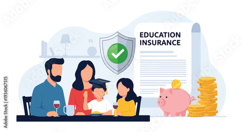 Modern vector illustration of family discussing child education insurance savings plan at home. Long term financial preparation concept
