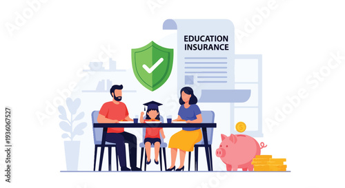 Modern vector illustration of family discussing child education insurance savings plan at home. Long term financial preparation concept