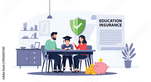 Modern vector illustration of family discussing child education insurance savings plan at home. Long term financial preparation concept