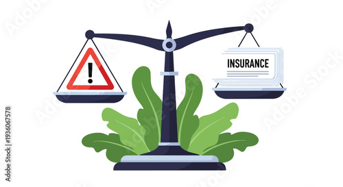 Modern vector illustration of balanced scale with risk icon and insurance document representing financial protection strategy and coverage planning concept