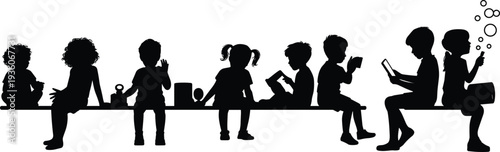 Black children silhouettes set, kids sitting on bench, diverse childhood activities, reading, playing, using tablet, blowing bubbles, youth vector collection.