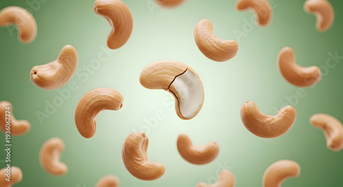Floating cashew nuts against a vibrant green background, a digitally rendered composition showcasing the smooth curves and delicate textures of these nutritious seeds.