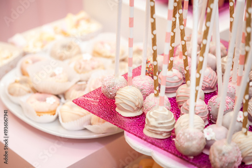 Elegant pink sweet table setup for a birthday celebration featuring beautifully decorated cake pops and delicate desserts in soft pastel tones. 