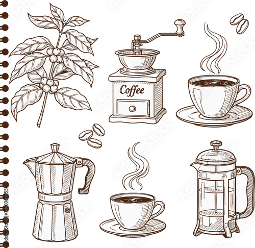 Vintage coffee equipment collection with manual grinder moka pot and french press for cafe branding and menu illustration