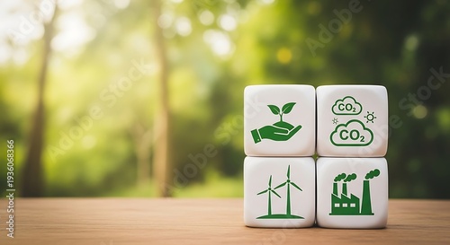 Four white dice with green environmental on a wooden table in a forest background sustainability