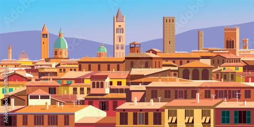 Romantic cityscape with colorful traditional mediterranean italian buildings, roofs, spires, towers, churches and houses. Hand drawn vector illustration. Can be used for posters, banners, postcards.