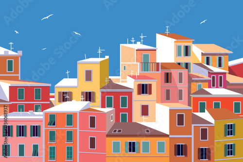 Romantic cityscape with colorful multicolored traditional mediterranean italian buildings, roofs, windows and houses. Hand drawn vector illustration. Can be used for posters, banners, postcards.